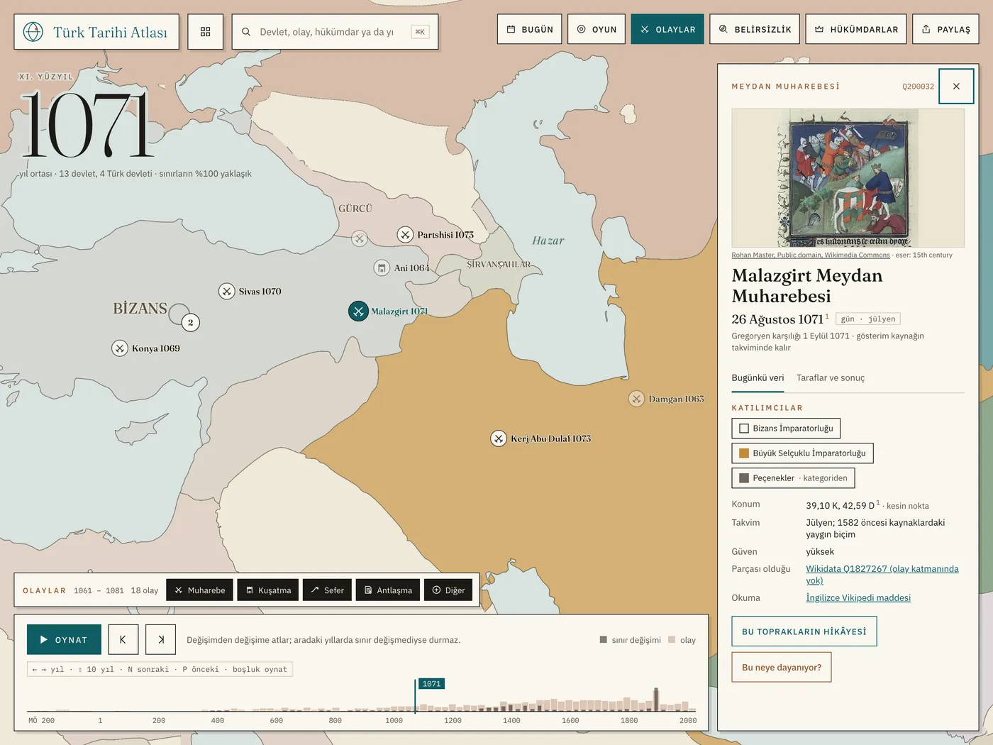 The battle of Manzikert, 1071: the event card beside the map.